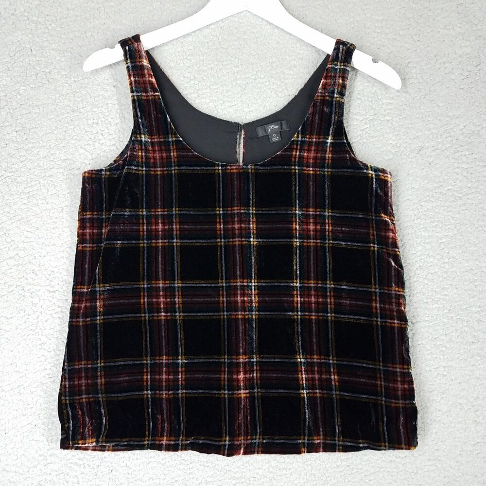 J. Crew Velvet Tank Top Women's 0 Tartan Plaid Dark Academia Black Holiday Lined